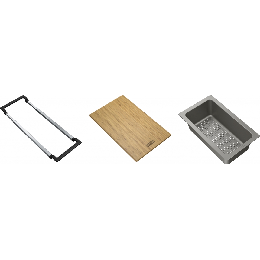 Zestaw ALL-IN
All-In Set 1, comprises Telescopic Bridge, Bamboo Chopping Board (320x200x18mm), Sanitized Strainer Bowl (297x173x95mm).
